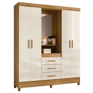 Guarda-Roupa 4 Portas, 3 Gavetas, Espelho, Moval Capri Freijo com Branco (165 x 204 x 47cm)
